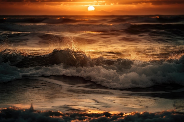 Foto ondas do mar e um pôr do sol dourado sobre a água