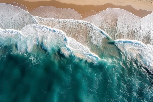 Ondas do mar na praia como pano de fundo Belo fundo natural de férias de verão Vista aérea de cima para baixo da praia e do mar com ondas de água azul geram ai