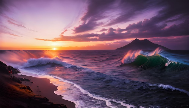 Ondas do oceano horizonte Pôr do sol pintura em tela arte da parede ondas poderosas estilo anime generativo ai