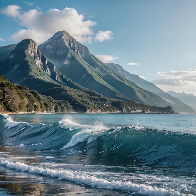 Foto ondas do oceano numa praia de uma ilha montanhosa tropical