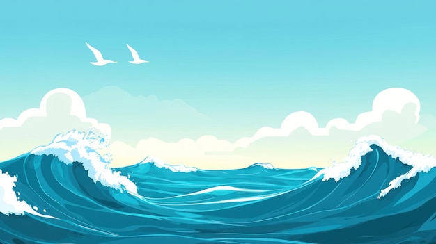 Ondas do oceano pássaros do mar azuis céu ensolarado