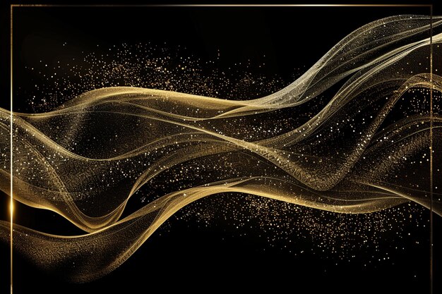 ondas douradas e brilhantes sobre um fundo preto com um quadro dourado generativo ai