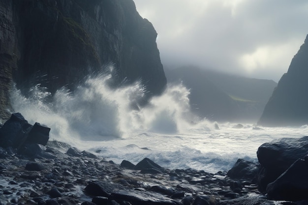 Ondas dramáticas batendo contra a costa acidentada