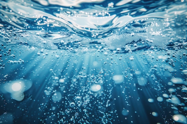 Ondas e bolhas azuis debaixo d'água