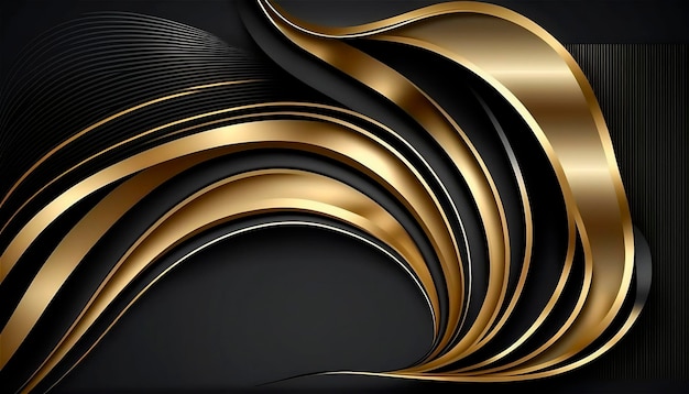 Ondas e curvas abstratas pretas e douradas modernas elegantes no fundo preto AI gerado