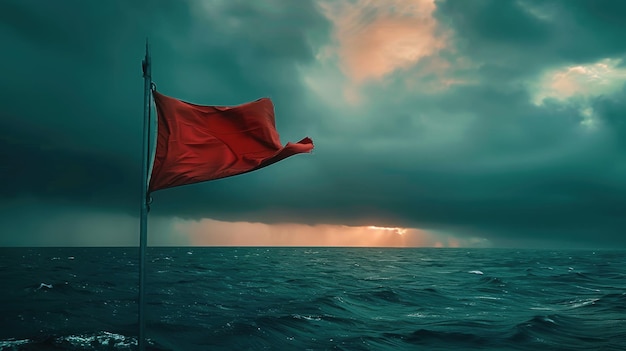 Foto ondas elétricas de bandeira azul no céu fluido no oceano sinalizando perigo no vento