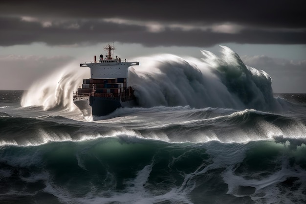 Ondas enormes quebrando contra navios de carga IA generativa