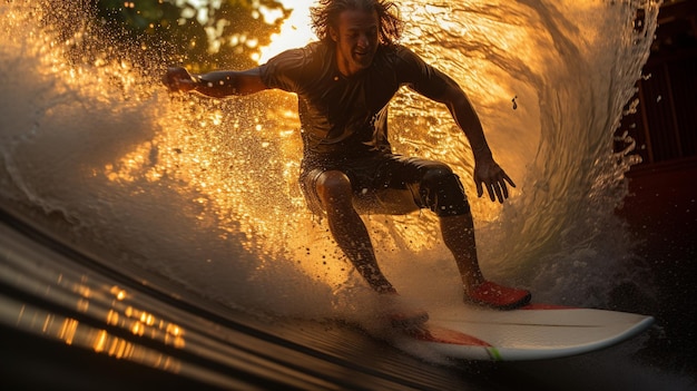 Ondas eufóricas geradas por IA surfando ondas no paraíso dos surfistas