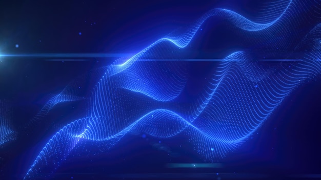 Ondas futuristas de energía azul con rayos de luz y partículas de energía