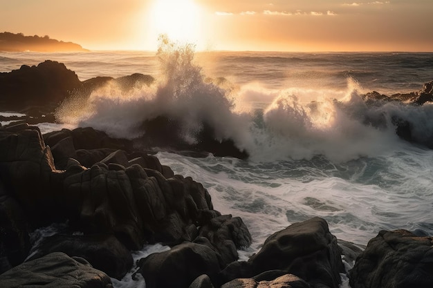 Ondas gigantescas batendo contra uma costa rochosa com o sol se pondo ao fundo