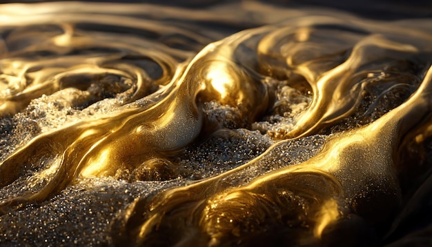 Ondas líquidas sólidas douradas abstratas brilhantes como ouro líquido. renderização 3D. Ilustração de varredura.