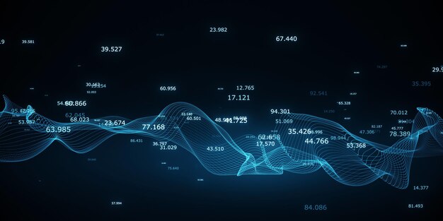 Ondas de marco de alambre digital con datos numéricos azul concepto de visualización de fondo técnico Renderización 3D