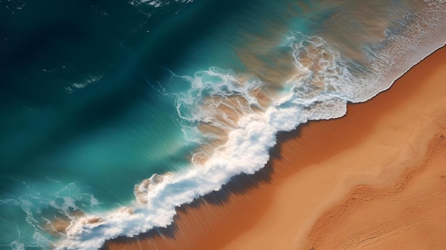 Foto ondas marinas con espuma en la playa vista aérea desde un avión no tripulado enormes olas turquesas del océano rompiendo en una playa de arena solitaria en una isla concepto de viaje la imagen es generada por ia