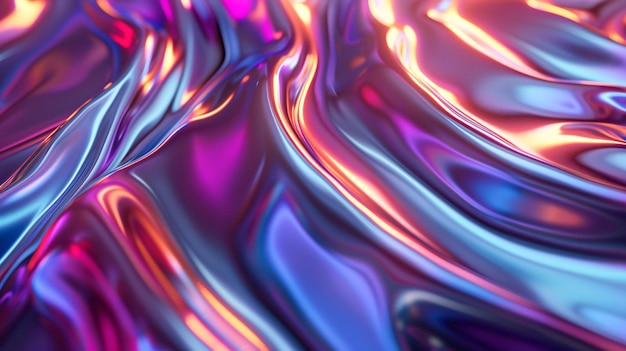 Ondas metálicas iridescentes vibrantes em movimento em um fundo holográfico perfeito para projetos de design