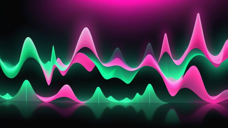 Foto ondas de neón abstractas en rosa y verde con efecto brillante sobre un fondo negro