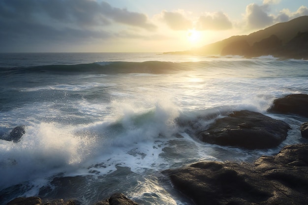 Ondas no mar ao pôr do sol Belo fundo natural Tonificado