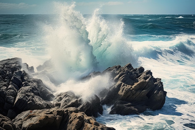 Ondas oceânicas poderosas em costa acidentada