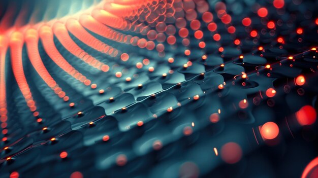 Las ondas de puntos de luz rojos y azules futuristas en un fondo oscuro