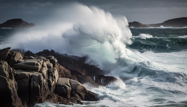 Ondas quebrando batem contra a costa rochosa spray salpicando em admiração beleza inspiradora gerada por inteligência artificial