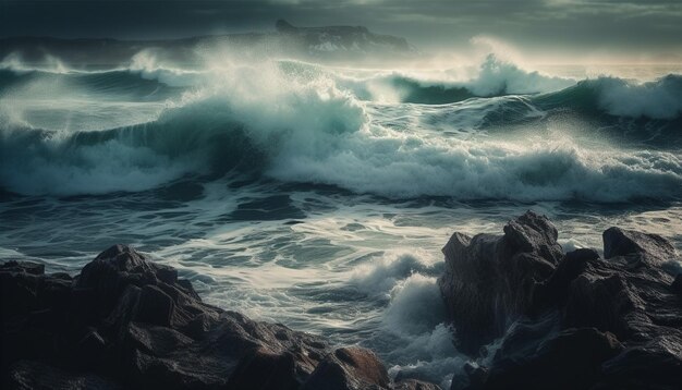 Foto ondas quebrando contra a costa rochosa ao entardecer geradas por ia