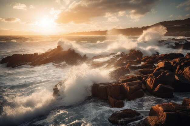 Ondas quebrando contra a costa rochosa com o céu iluminado pelo sol ao fundo, criado com ai generativa