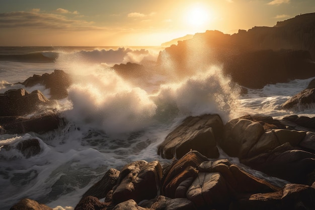 Ondas quebrando contra a costa rochosa com o céu iluminado pelo sol ao fundo, criado com ai generativa