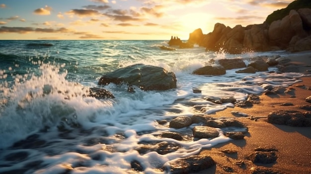 Ondas quebrando na praia ao pôr do sol com pedras e água generativa ai