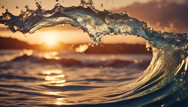 Foto ondas salpicando na praia ao pôr-do-sol em close-up