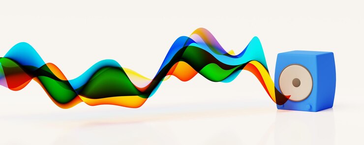 Foto ondas sonoras multicoloridas saindo de um alto-falante como música alegre e colorida