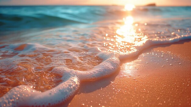 Ondas suavemente batendo na praia de areia luz do sol de verão cintilando na água serena e pitoresca fotografia de estilo impressionista serena cintilante pitoresca natural AI generativa