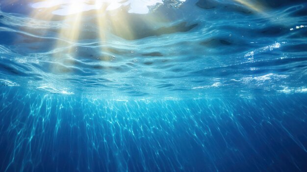 ondas suaves azuis A superfície do oceano é visível a partir de raios subaquáticos de luz solar penetrando através dela