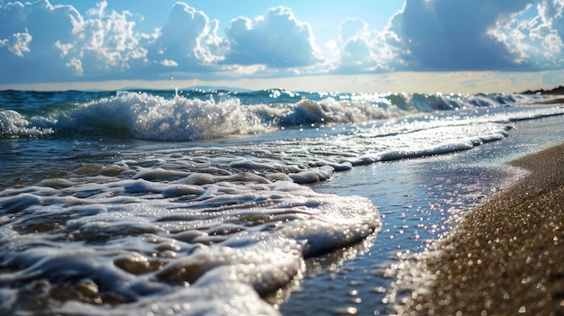 Ondas suaves beijam uma praia de areia sob um céu brilhante e cheio de nuvens.