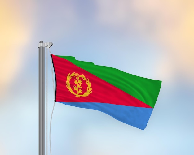 Ondeando la bandera de Eritrea en un asta de bandera