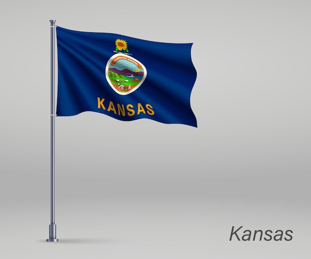 Foto ondeando la bandera del estado de kansas de los estados unidos en el asta de la bandera plantilla para el diseño del cartel del día de la independencia