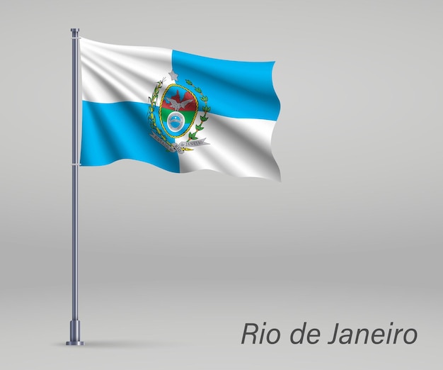 Ondeando la bandera del estado de Río de Janeiro de Brasil en el asta de la bandera Plantilla para el diseño del cartel del día de la independencia