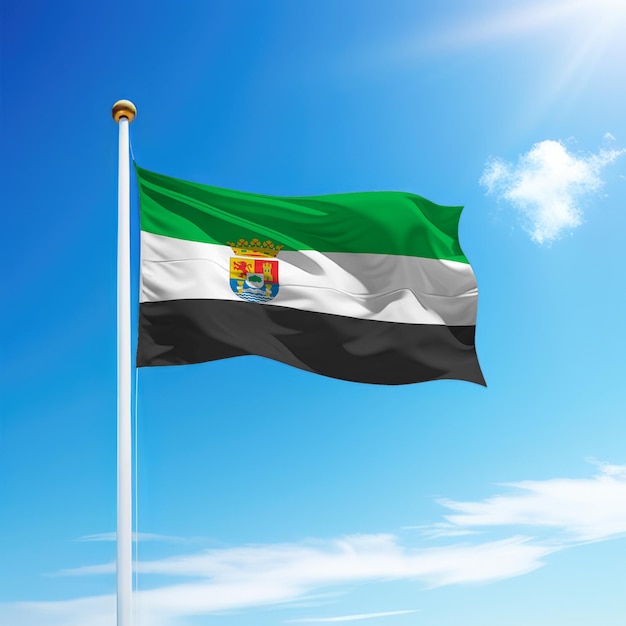 Ondeando la bandera de Extremadura es una comunidad de España en un asta de bandera con fondo de cielo