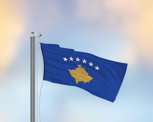 Ondeando la bandera de Kosovo en un asta de bandera