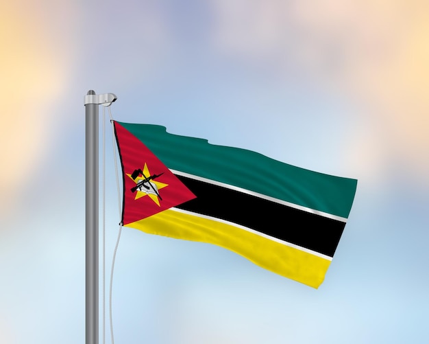 Ondeando la bandera de Mozambique en un poste de bandera