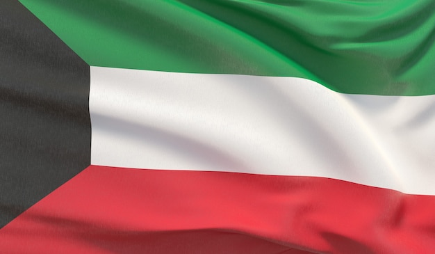 Ondeando la bandera nacional de Kuwait. Render 3D de primer plano muy detallado con la mano.