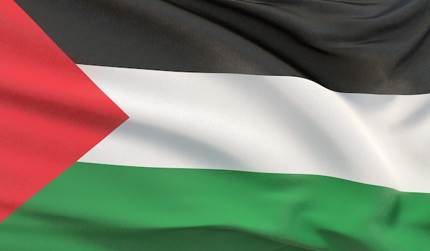 Foto ondeando la bandera nacional de palestina. render 3d de primer plano muy detallado con la mano.
