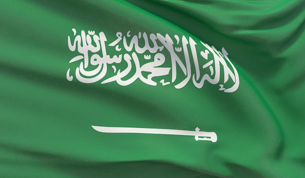 Ondeando la bandera nacional del Reino de Arabia Saudita. Render 3D de primer plano muy detallado con la mano.