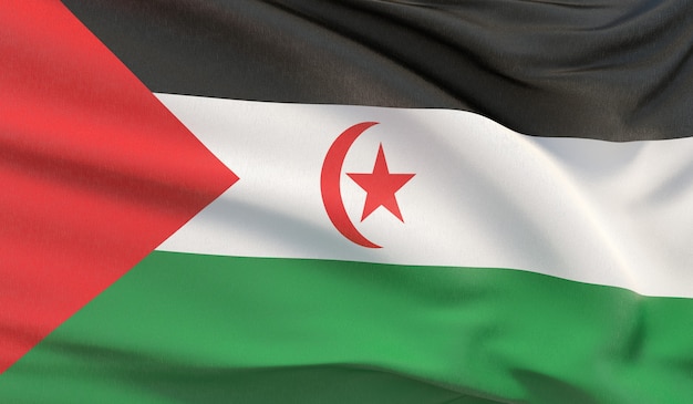 Ondeando la bandera nacional de la República Árabe Saharaui Democrática. Render 3D de primer plano muy detallado con la mano.