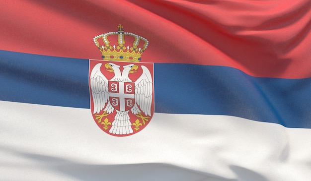 Ondeando la bandera nacional de Serbia. Render 3D de primer plano muy detallado con la mano.