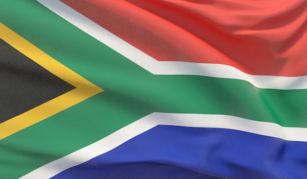Foto ondeando la bandera nacional de sudáfrica. render 3d de primer plano muy detallado con la mano.
