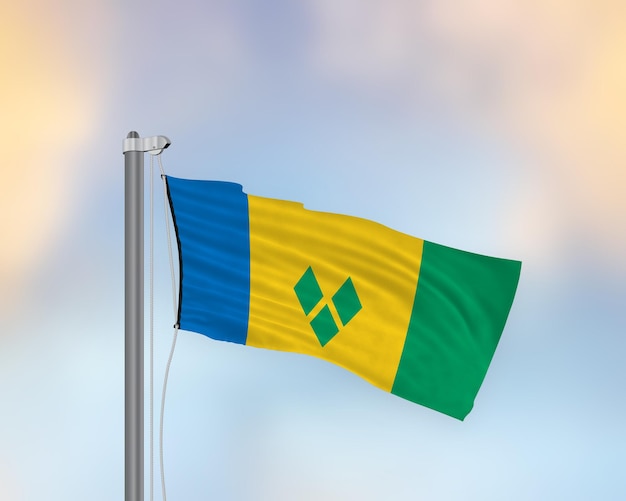 Ondeando la bandera de San Vicente y las Granadinas en un mástil de bandera