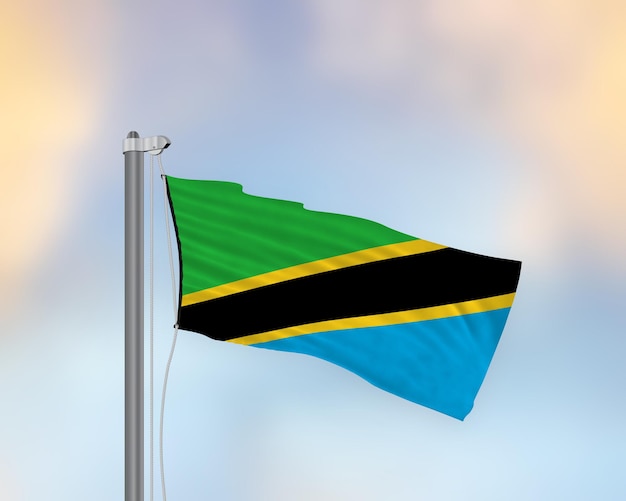 Ondeando la bandera de Tanzania en un mástil de bandera