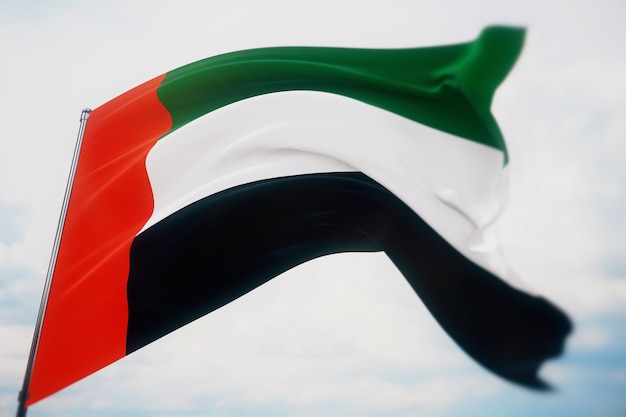 Ondeando banderas del mundo - bandera de los Emiratos Árabes Unidos. Filmada con poca profundidad de campo, enfoque selectivo. Ilustración 3D.