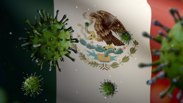 Ondear la bandera mexicana con el brote de coronavirus que infecta el sistema respiratorio como una gripe peligrosa. Virus Covid 19 de influenza tipo con pancarta nacional de México en el fondo. Concepto de riesgo pandémico