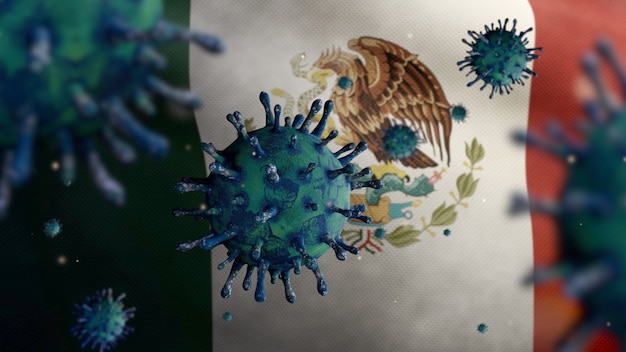 Ondear la bandera mexicana y el concepto de coronavirus 2019 nCov. Brote asiático en México, coronavirus influenza como casos peligrosos de cepa de influenza como pandemia. Microscopio virus Covid19 de cerca.