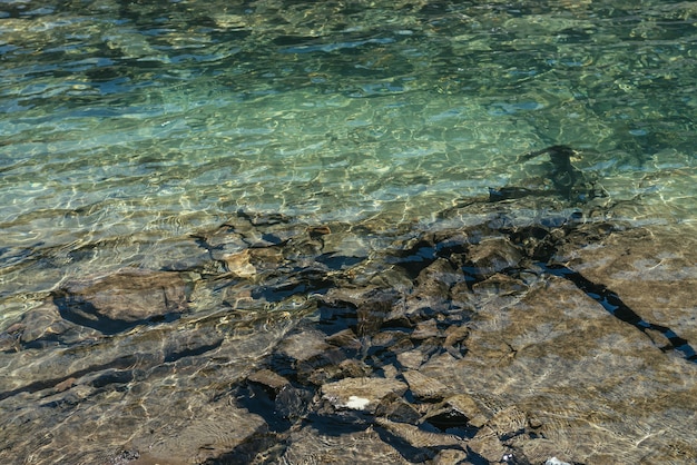 Ondulação meditativa do lago da montanha. Fundo bonito e relaxante do fundo pedregoso na água transparente turquesa do lago glacial na luz solar. Pano de fundo ensolarado com muitas pedras em águas claras verdes.